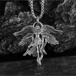 Vintage Style Silver Gothic Angel Wing Pendant Necklace Fantasy Archangel